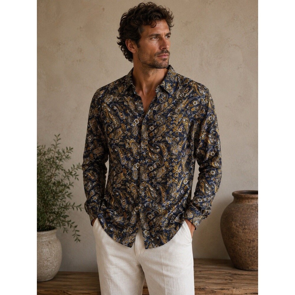 Consequence NWT‎ Navy Blue Gold Paisley Button Up Cotton Shirt Men’s M